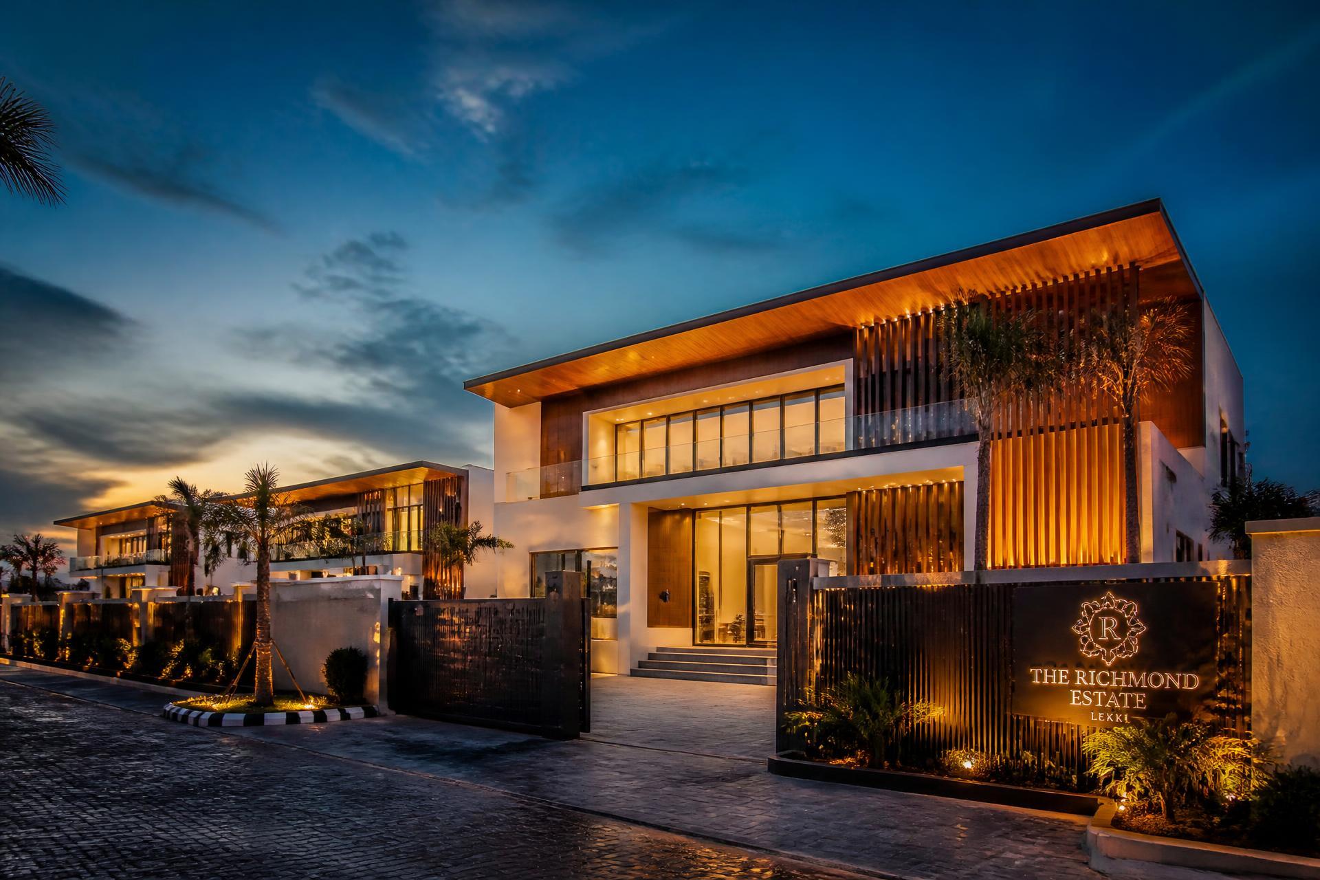 Luxury gated estate at dusk in Lekki, Lagos