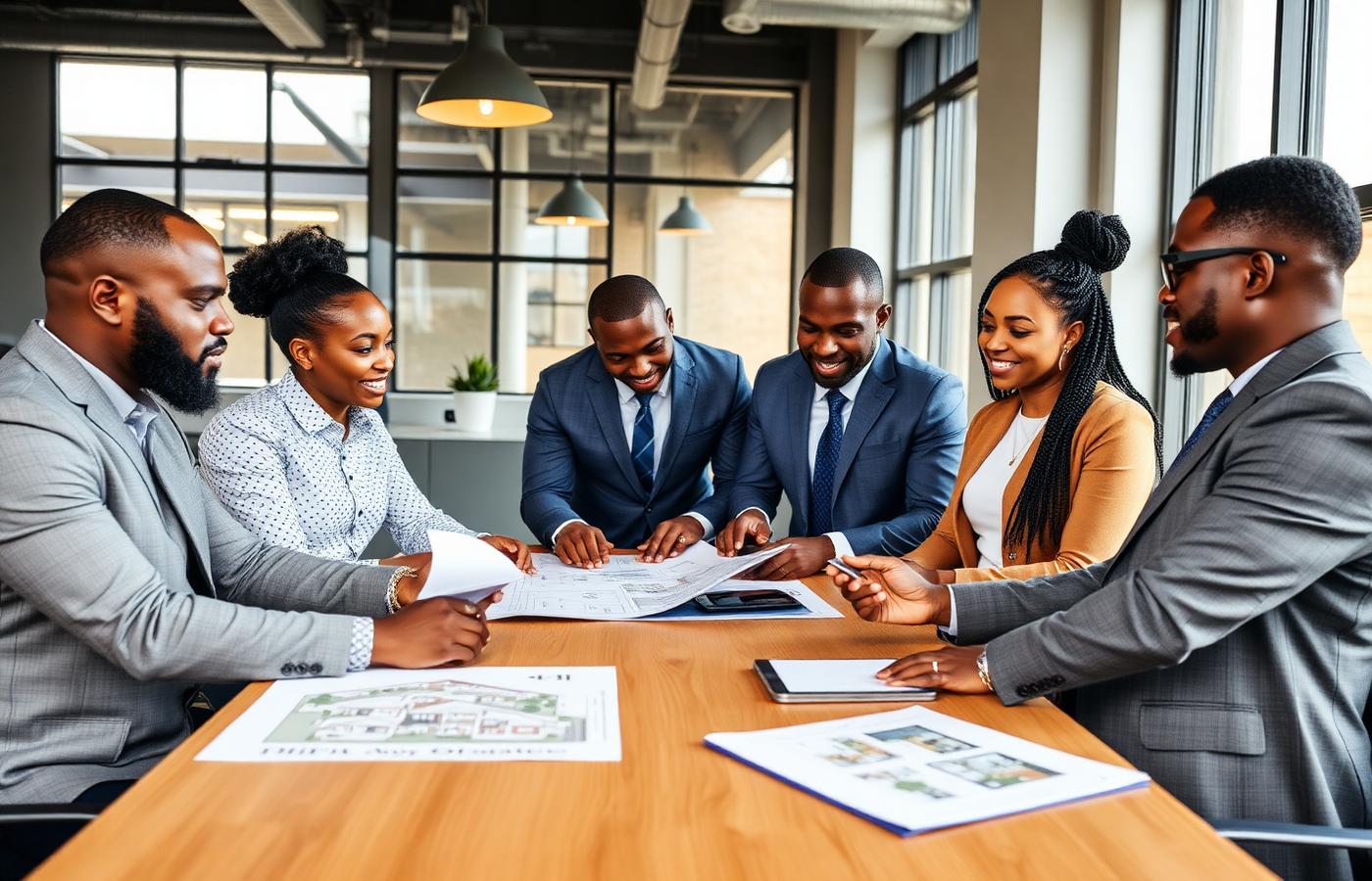 Havenridge Properties team reviewing estate plans in their Lagos office